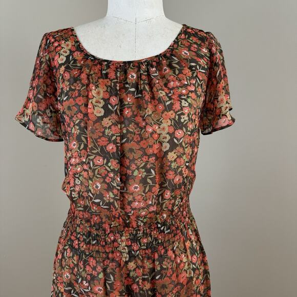 SUNDANCE Womens Dress 4 Floral Smocked Orange Brown Short Sleeve A-Line - Picture 2 of 9